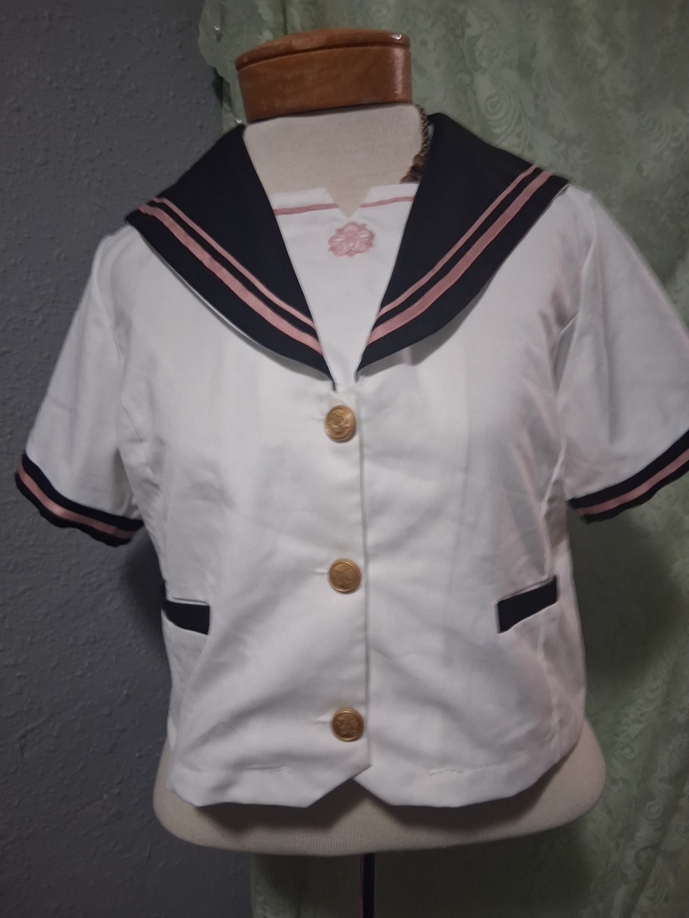 Source Unknown White Crop Sailor Top with Navy & Pink Trim